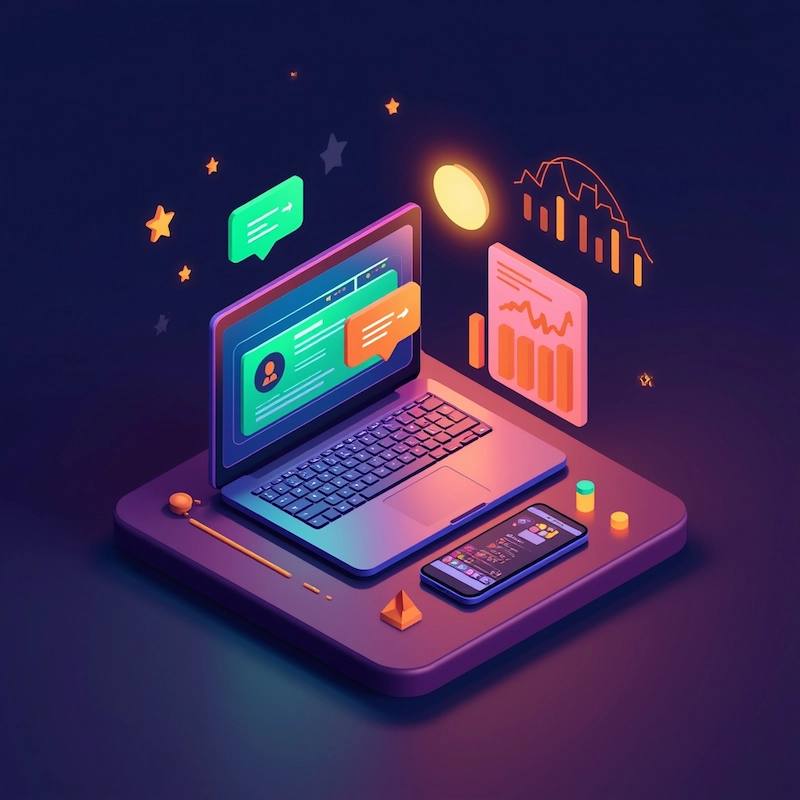 Ilustração 3D de anúncios digitais trabalhando 24/7 - Dashboard, gráficos e notificações
